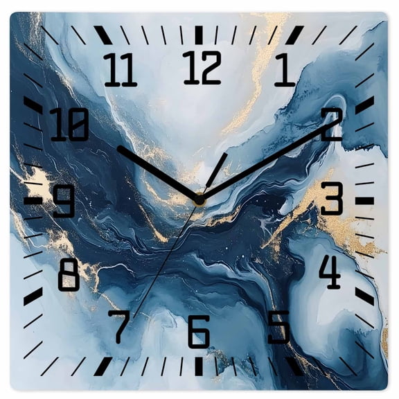 Navy Blue Marble Wooden Wall Clock Silent Non Ticking, Modern Abstract Ink Painting Square Wall Clocks Battery Operated, Decor Clock for Home Office, Living Room, Kitchen, 10 Inch
