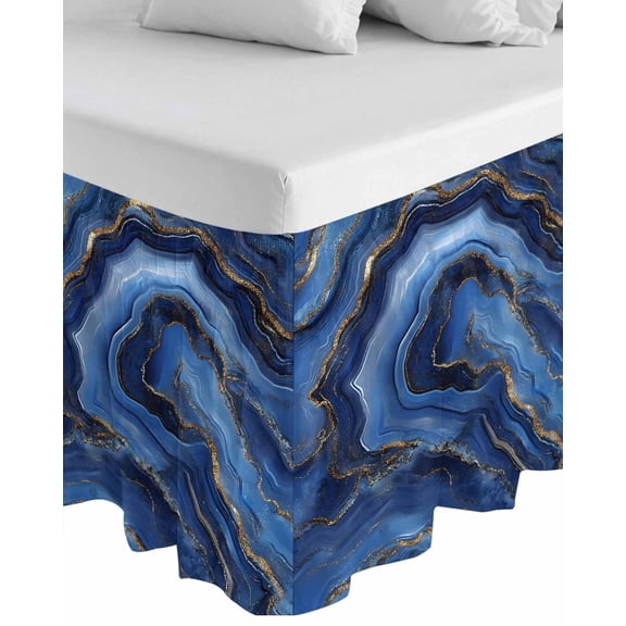 Navy Blue Marble Wrap Around Bed Skirts for Queen Bed 18" Drop,Bed Skirt with Adjustable Elastic Belt Dust Ruffle Bed Valance for Bedroom Hotel Contemporary Ink Painting Abstract Bed Frame Cover
