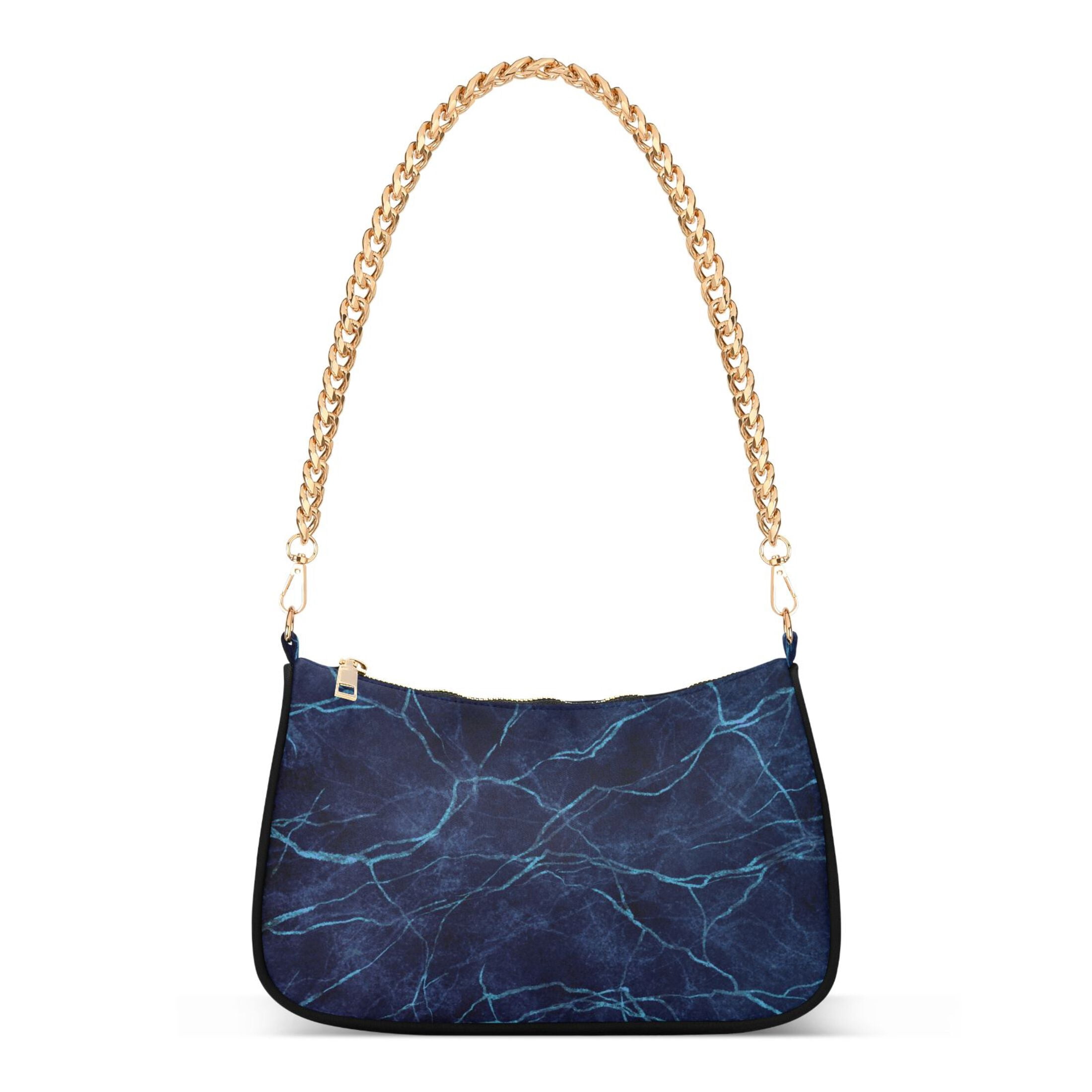 Navy Blue Marble with Veins Womens Chain Shoulder Bag Tote Handbag Clutch Hobo Purse with Zipper for Travel Casual