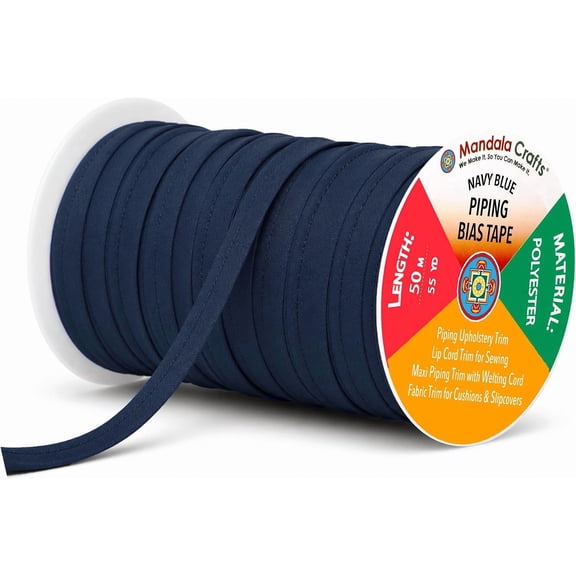 Navy Blue Maxi Piping Bias Tape with Welting Cord for Sewing | Washable, Inch, 55 Yards, Lip Trim, for Upholstery, Hemming, Pillows, Cushions, Slipcovers, Outdoor Furniture