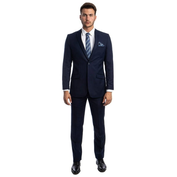 Navy Blue Men's Hybrid-Fit 3pc Paisley Suit w/ Wide Black Shawl Collar