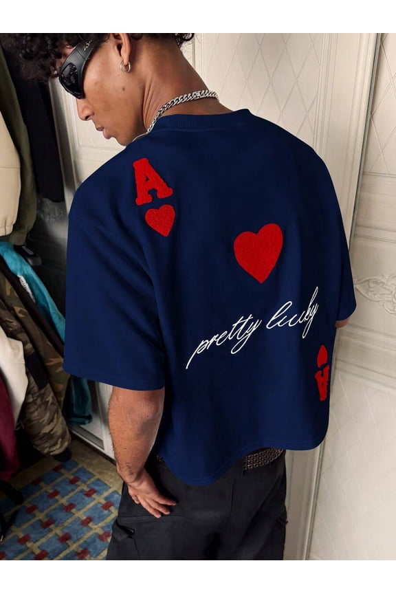 Navy Blue Mens Embroidered Ace Of Hearts Graphic Round Neck Loose Fit Casual T-Shirt