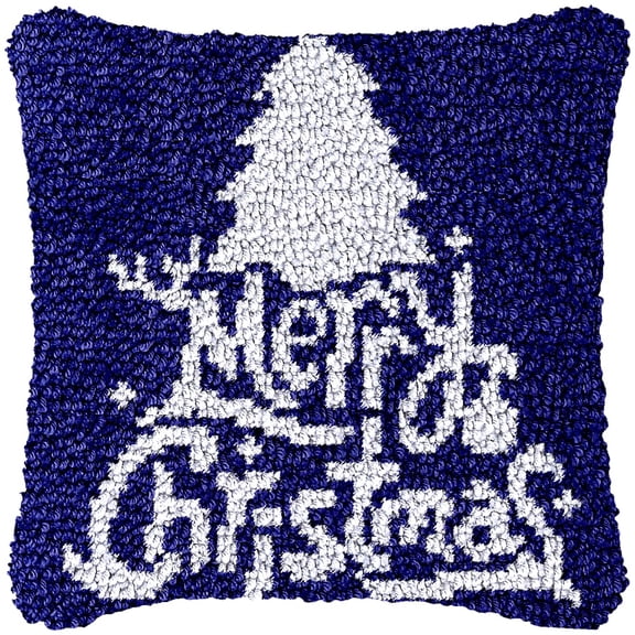 Navy Blue Merry Christmas Tree Letters Latch Hook Pillow Kits for Beginner Needle Crochet Yarn Kits with Stamped Canvas Embroidery Cushion Hook and Latch Throw Pillow 43x43cm