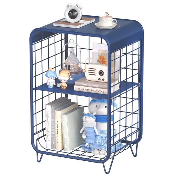 Navy Blue Metal Three-Tier Wire Mesh Side Table With Open Shelving For Bedroom Living Room