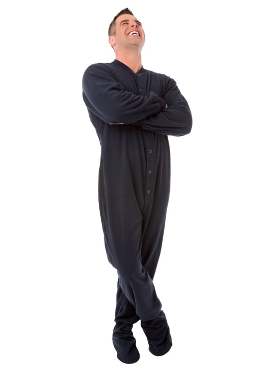 Navy Blue Micro Polar Fleece Adult Mens Footed Pajamas w/ Drop Seat Sleeper