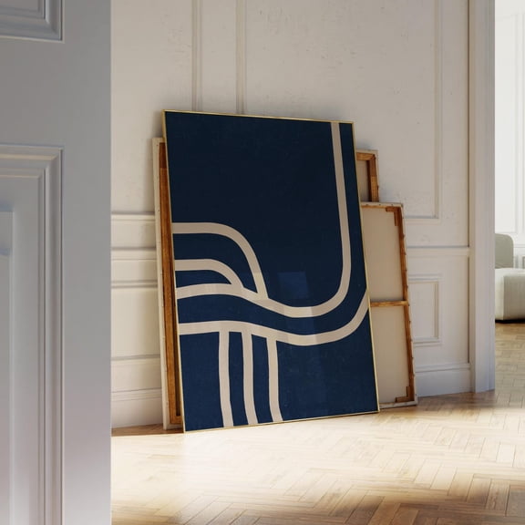 Navy Blue Minimal Abstract Line Art, Unframed Paper Print Size 8x12