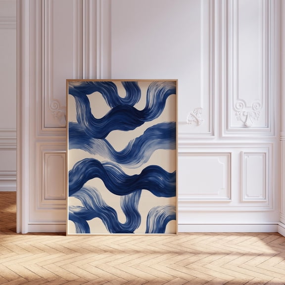 Navy Blue Minimalist Abstract Wall Art Mid Century Modern Waves Contemporary Decor, Unframed Paper Poster 8x10in