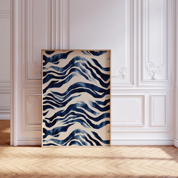 Navy Blue Minimalist Abstract Waves Mid Century Modern Contemporary Home Decor, Unframed Paper Poster 8x10in