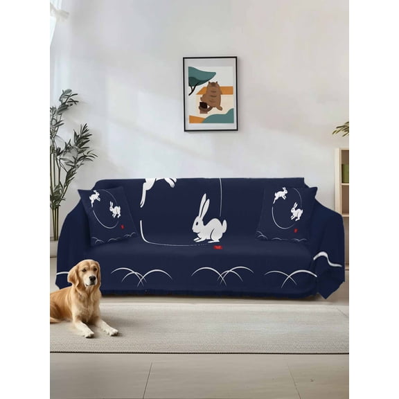 Navy Blue Modern Couch Cover, Farmhouse Rabbit Abstract Art Sofa Cover Blanket for Loveseat Couches, Sectional Sofa Slipcover Furniture Protector for Living Room Bedroom 71''x118''