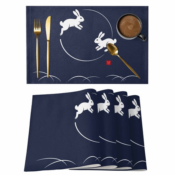 Navy Blue Modern Placemats Set of 4, Farmhouse Rabbit Abstract Art Placemats for Dining Table, Place Mats for Kitchen Tabletop, Waterproof Wipeable Dining Table Mats Set