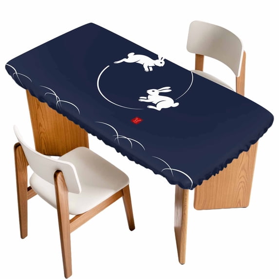 Navy Blue Modern Table Cloths for 4 Foot Rectangle Tables, Farmhouse Rabbit Abstract Art Patio Waterproof Elastic Fitted Tablecloths, Washable Rectangular Table Cover for Camping