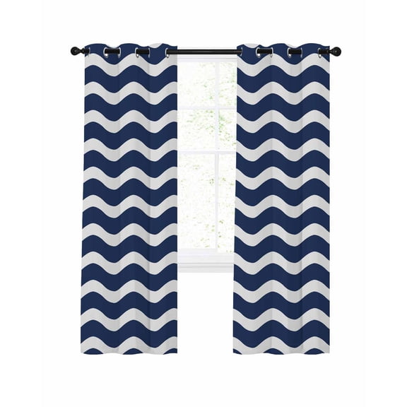 Navy Blue Moire Blackout Curtains 39 Inches Long for Bedroom, Water Ripple Stripe Farmhouse Thermal Insulated Room Darkening Black Out Window Curtain Panels Grommet Drapes for Living Room