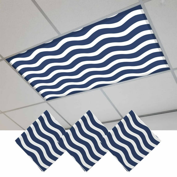 Navy Blue Moire Fluorescent Light Covers, Water Ripple Stripe Farmhouse Magnetic Light Covers for Ceiling Lights, Fluorescent Ceiling Shade Filters for Classroom Bedroom Office 4x2Ft x 3PCS