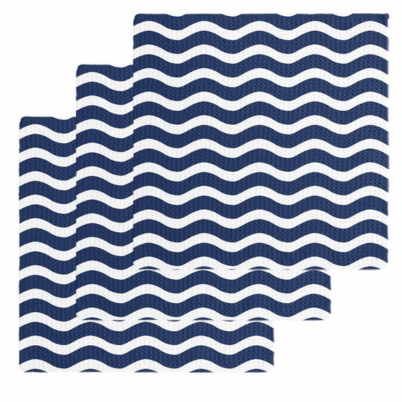 Navy Blue Moire Kitchen Dish Towels for Drying Dishes Set of 3, Water Ripple Stripe Farmhouse Waffle Weave Microfiber Hand Tea Bathroom Towels Quick Dry & Absorbent Towel 12x12