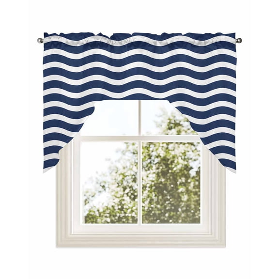 Navy Blue Moire Ombre Kitchen Curtains Swag Valance for Windows/Bathroom/Cafe, Water Ripple Stripe Farmhouse Rod Pocket Drape Panel Swag Curtains Valance for Bedroom/Living Room 56"x36"