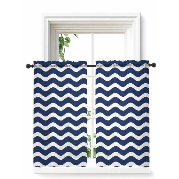 Navy Blue Moire Ombre Tier Curtains 45 Inch Length,Sheer Curtains for Bedroom Living Room,Water Ripple Stripe Farmhouse Rod Pocket Voile Drapes Kitchen Curtains Small Half Window 27.5"x45" 2 Panels