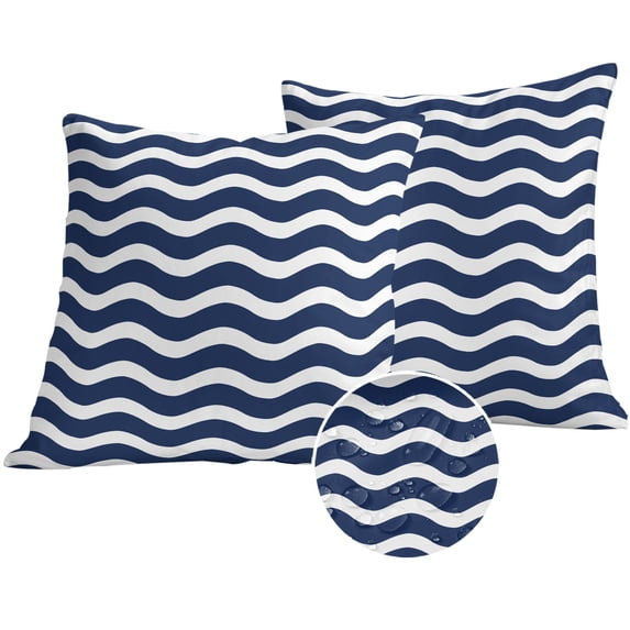 Navy Blue Moire Outdoor Pillow Covers 18x18 Set of 2, Waterproof Patio Throw Pillowcase Protectors, Water Ripple Stripe Farmhouse Square Decorative Pillow Shams Cushion Covers for Seat Bed Couch Sofa