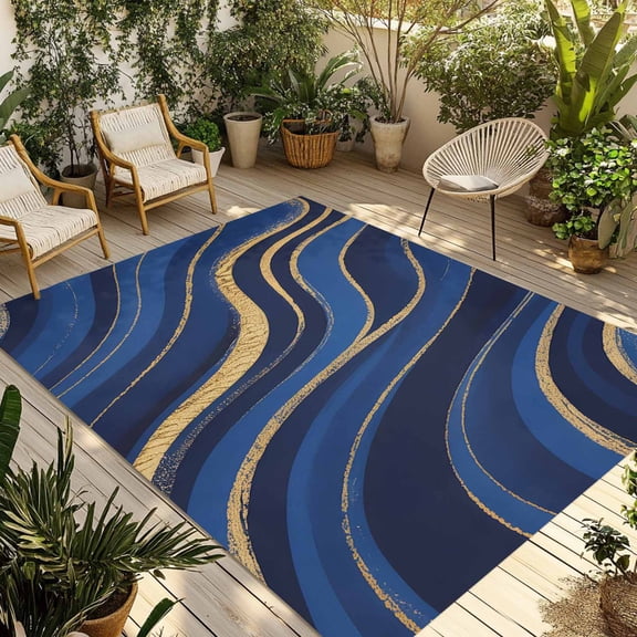 Navy Blue Moire Outdoor Rug for Patio/Deck/Porch, Non-Slip Large Area Rug 5 x 8 Ft, Modern Abstract Art Indoor Outdoor Rugs Washable Area Rugs, Reversible Camping Rug Carpet Runner