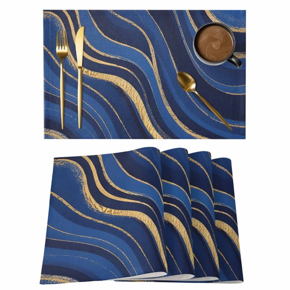 Navy Blue Moire Placemats Set of 4 Modern Abstract Art Place Mats Indoor Wipeable Table Mats Washable Cloth Dining Table Placemats for Kitchen Holiday Party Home Decor 13x19 Inch
