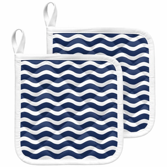 Navy Blue Moire Pot Holders for Kitchen Heatproof Potholder, 2 Pack Water Ripple Stripe Farmhouse Hot Pads Multipurpose Oven Pads Cloth Potholders Trivet for Cooking and Baking