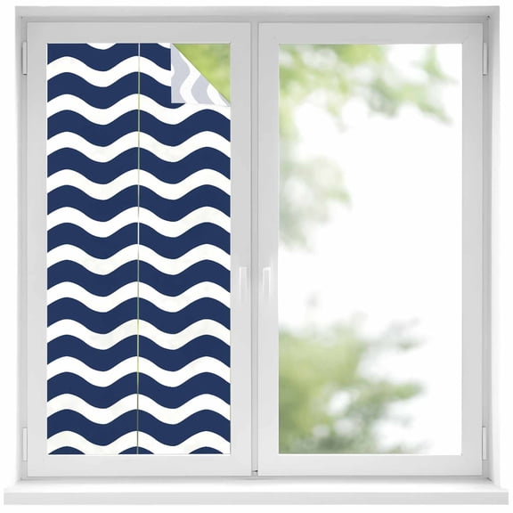 Navy Blue Moire Privacy Window Film, Decorative Frosted Glass Window Film, Water Ripple Stripe Farmhouse Reusable Peel and Stick Static Cling for Home Bathroom Office Glass Door 17.7"x39.3"