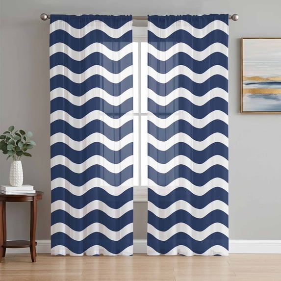 Navy Blue Moire Semi Sheer Curtains 96 Inch Length 2 Panels Set, Water Ripple Stripe Farmhouse Sheer Kitchen Curtain Privacy Voile Window Curtain for Living Room Bedroom Rod Pocket Drapes