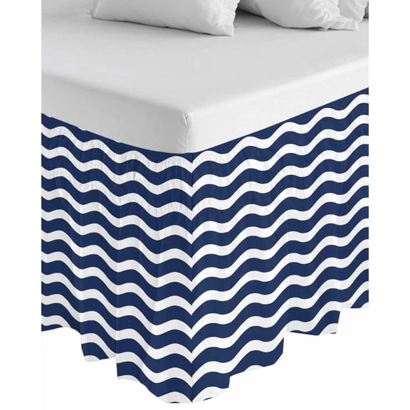 Navy Blue Moire Wrap Around Bed Skirts for Queen Bed 18" Drop, Bed Skirt with Adjustable Elastic Belt Dust Ruffle Bed Valance for Bedroom Hotel Luxury Water Ripple Stripe Farmhouse Bed Frame Cover