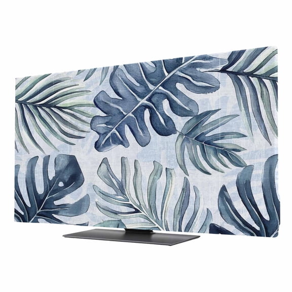 Navy Blue Monstera Deliciosa TV Cover for 24 Inch Screen,Stretch Fabric Dustproof TV Display Protector,Summer Botanical Tropical Elastic Slipcover Monitor Cover for Indoor Computer 20.9"x11.8"