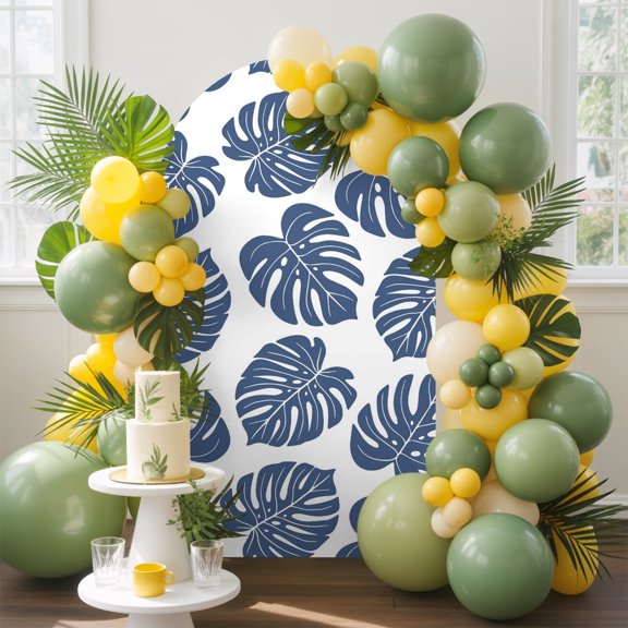 Navy Blue Monstera Leaf Arch Backdrop Cover, 4FT, Summer Tropical Botanical Minimalist Modern Spandex Arch Covers Double-Sided Backdrop for Wedding Birthday Party Photo Background Decoration
