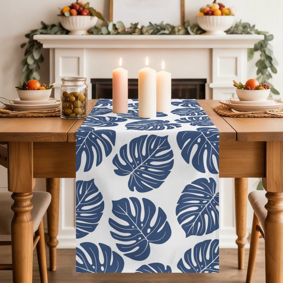Navy Blue Monstera Leaf Dining Table Runner, Summer Tropical Botanical Minimalist Modern Washable Table Runners Kitchen Coffee Table Center Decor for Home Party Holiday Wedding 13 x 60 Inches