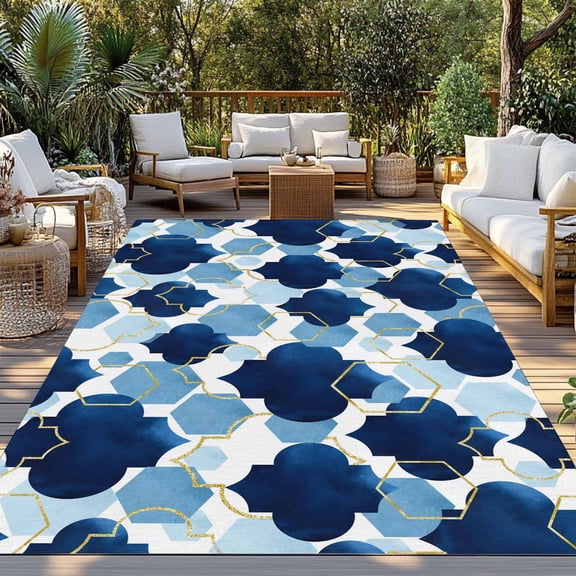 Navy Blue Moroccan Indoor Outdoor Rugs 4x6 Ft, Abstract Gradient Gold Blue Geometric Outdoor Patio Rugs Mat Washable Outside Area Rugs Carpet for Porch Deck RV Camping Pool Balcony Backyard