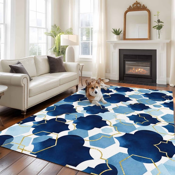 Navy Blue Moroccan Large Area Rugs 6x9 ft Abstract Gradient Gold Blue Geometric Washable Rug Non Slip Indoor Carpet Absorbent Floor Mat for Living Room Bedroom Dining Room