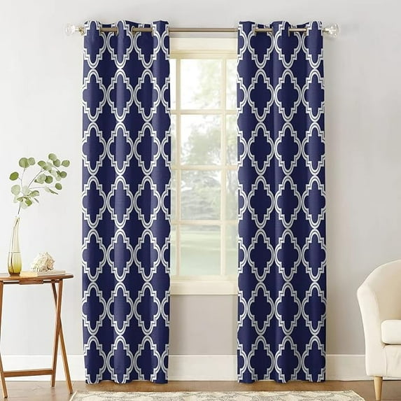 Navy Blue Moroccan Pattern Geometric Blackout Curtains, 3D Printed Drapes, Window Curtains, Darkening Curtains With Top Grommet For Bedroom Living Room Windows 53"W x 63"L (Pack of 2)