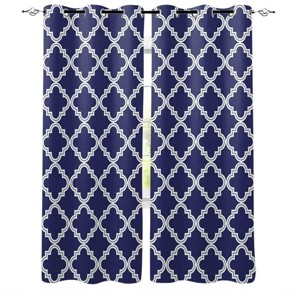 Navy Blue Moroccan Pattern Geometric Blackout Curtains, Printed Drapes, Window Curtains, Darkening Curtains with Top Grommet for Bedroom Living Room Windows 42"W x 96"L (Pack of 2)