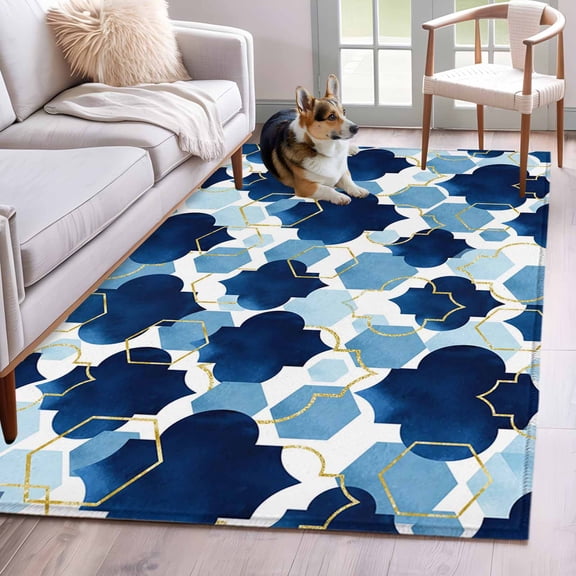 Navy Blue Moroccan Washable Area Rugs 4'x6', Abstract Gradient Gold Blue Geometric Low Pile Throw Living Room Rug Non-Slip Sturdy Edge Binding Carpet for Indoor Entryway Bedside Kitchen