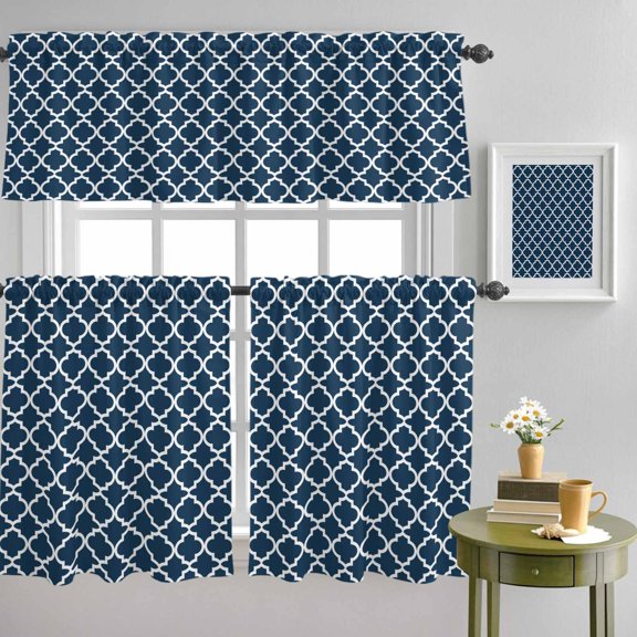 Navy Blue Morocco Curtain Tier and Valance Set 3 Piece, Farm Buffalo Plaid 3-inch Rod Pocket Window Tier Curtains Valance for Kitchen Living Room