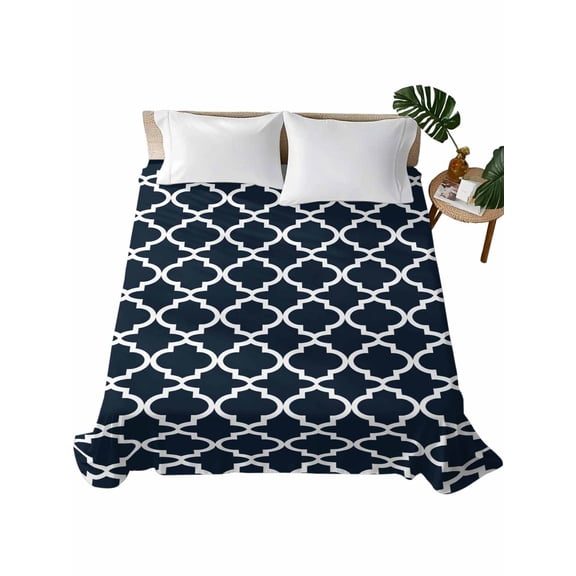 Navy Blue Morocco Flat Sheet Only Twin Size, Soft Breathable Bed Top Sheets for Mattress, Modern Farmhouse Minimalist Plaid Luxury Bedding Flat Sheets for Home Hotel Bedroom Bed Protection