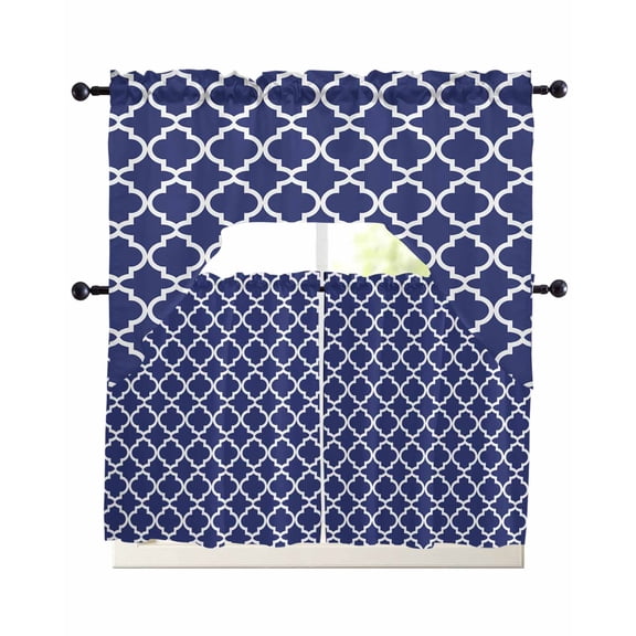 Navy Blue Morocco Kitchen Curtains Swag Valance and Tier Curtains Set 24 Inch Length, Modern Farmhouse Geometric Textured Rod Pocket Drape Panels Pair Swag Curtain for Bathroom/Cafe/Window