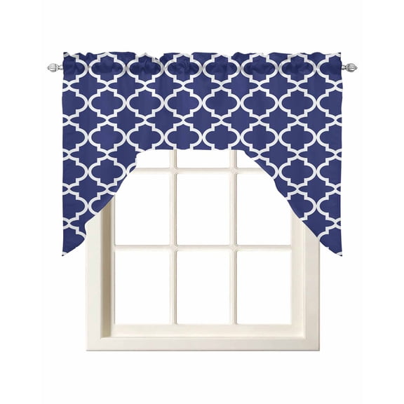 Navy Blue Morocco Kitchen Curtains Swag Valance for Windows/Bathroom/Cafe, Modern Farmhouse Geometric Textured Rod Pocket Drape Panel Swag Curtain Valance for Bedroom/Living Room 55''x36''