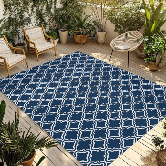 Navy Blue Morocco Outdoor Rug for Patio/Deck/Porch, Non-Slip Large Area Rug 3 x 5 Ft, Modern Abstract Classic Geometric Indoor Outdoor Rugs Washable Area Rugs, Reversible Camping Rug Carpet Runner