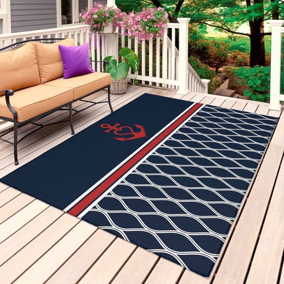 Navy Blue Morocco Outdoor Rug for Patio/Deck/Porch, Non-Slip Large Area Rug 3 x 5 Ft, Red Ocean Nautical Anchor Stripe Indoor Outdoor Rugs Washable Area Rugs, Reversible Camping Rug Carpet Runner