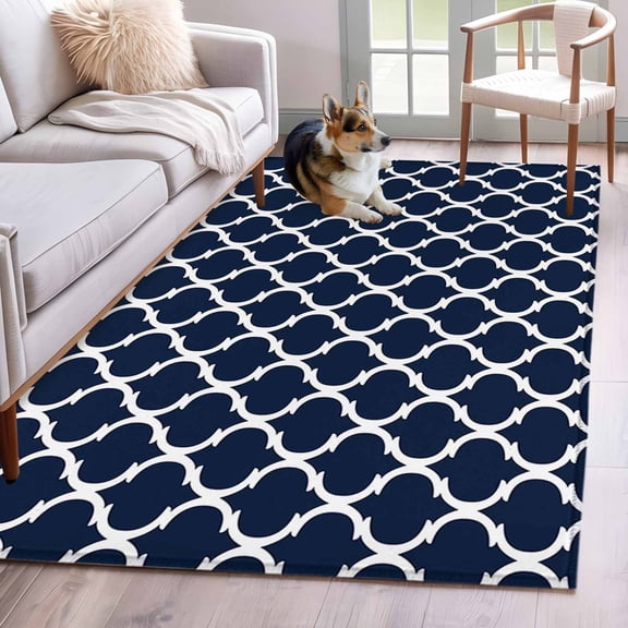 Navy Blue Morocco Pattern 3'x5' Washable Rug, White Moroccan Geometric Art Non-Slip Area Rugs for Entryway Kitchen Classroom, StainResistant Dorm Throw Carpet, Low Pile Soft Indoor Floor Mat