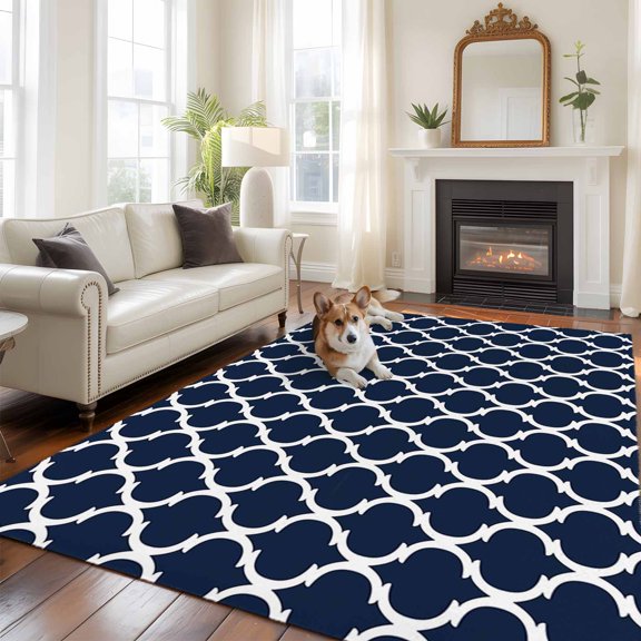Navy Blue Morocco Pattern Area Rug 5x8 FT, Non Slip Bedroom Throw Carpet, White Moroccan Geometric Art Washable Soft Floor Carpet Non-Shedding Rug for Living Room Nursery Dorm Office