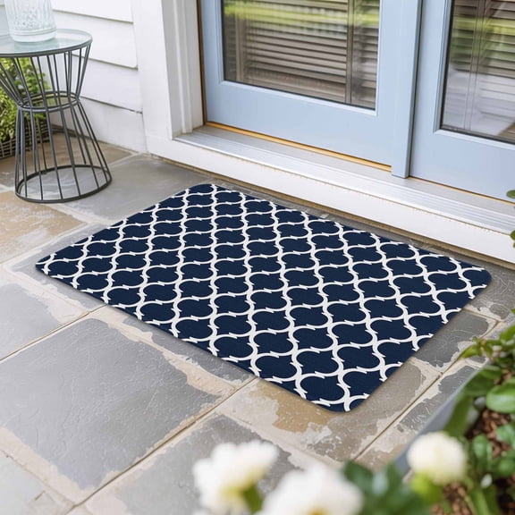 Navy Blue Morocco Pattern Door Mat Indoor Outdoor, White Moroccan Geometric Art Non Slip Welcome Mat with Rubber Backing, Absorbent Fabric Front Door Mats Entryway Rug for Home Patio Entrance 16"x24"