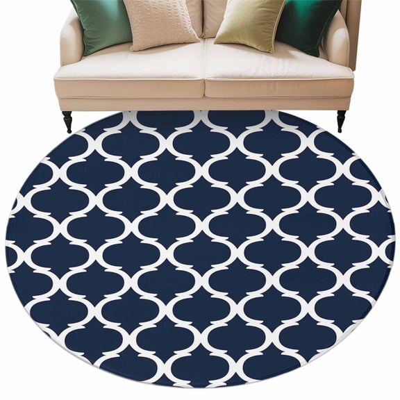 Navy Blue Morocco Pattern Large Area Rugs for Bedroom Living Room, Soft Non Slip Carpet Bedside Rug, White Moroccan Geometric Art Round Floor Cover Kitchen Accent Rug 6' for Dining Room/Office