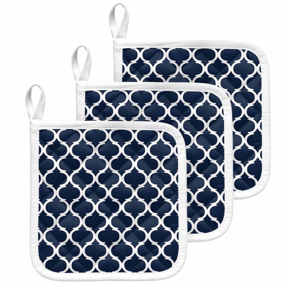 Navy Blue Morocco Pattern Pot Holders for Kitchen Heatproof Potholder, 3 Pack White Moroccan Geometric Art Hot Pads Multipurpose Oven Pads Cloth Potholders Trivet for Cooking Baking