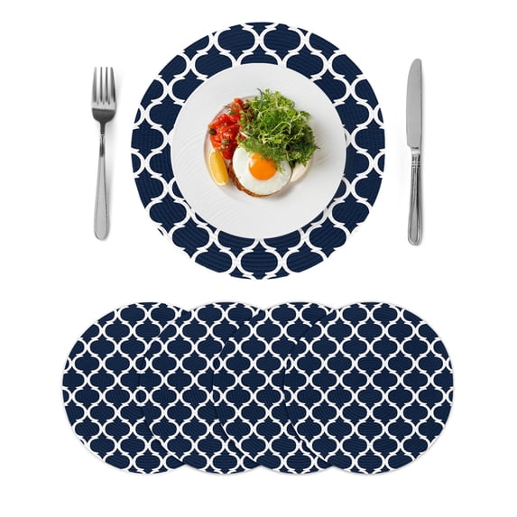 Navy Blue Morocco Pattern Round 13 Inch Placemats Set of 4, White Moroccan Geometric Art HeatResistant Non Slip Place Mats for Dining Table, Wipeable Braided Kitchen Table Mats for Housewarming