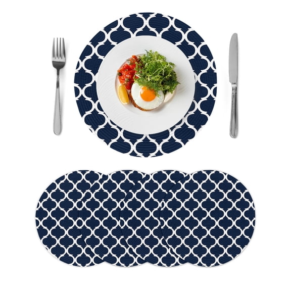 Navy Blue Morocco Pattern Round 15 Inch Placemats Set of 4, White Moroccan Geometric Art HeatResistant Non Slip Place Mats for Dining Table, Wipeable Braided Kitchen Table Mats for Housewarming