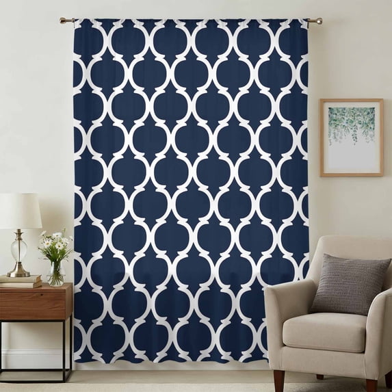 Navy Blue Morocco Pattern Sheer Curtains 45 Inches Long, White Moroccan Geometric Art Light Filering Curtains, Breathable Simi Curtain Privacy Drapes for Kitchen Bathroom Small Window Treatment