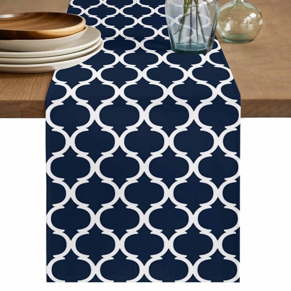 Navy Blue Morocco Pattern Short Table Runner 36 Inches Long,White Moroccan Geometric Art Cotton Linen Table Runners Dresser Scarves,Fabric Tabletop Scarf Furniture Cover for Home Dinner Party 13"x36"